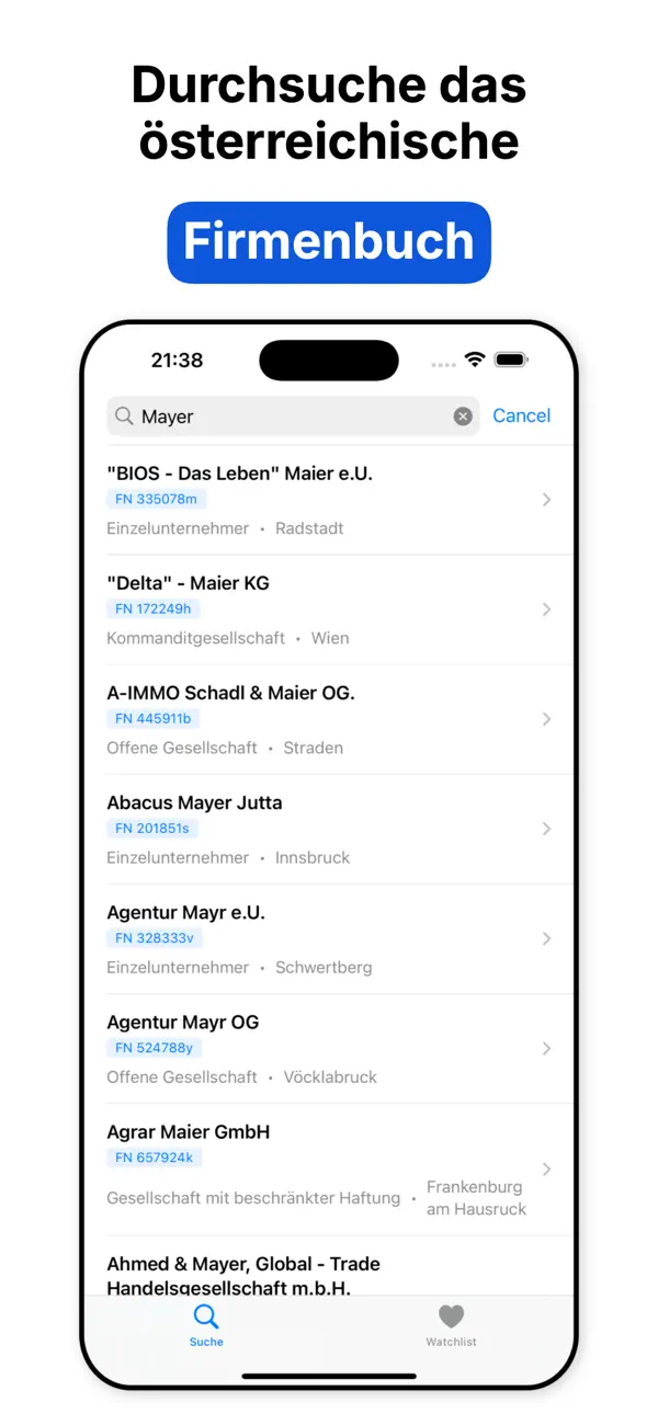 Firnexa: Firmenbuch Österreich app screenshot showing the main dashboard